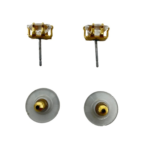 Gold Tone Cubic Zirconia Stud Earrings Square Cut Clear - Picture 8 of 8